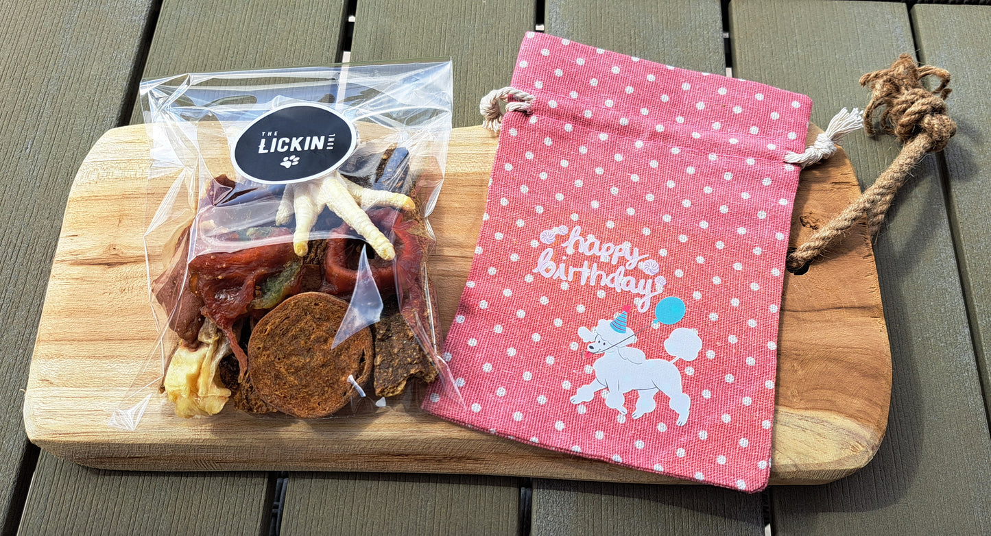 Birthday Treat Bag with a variety of treats & chews - Pink