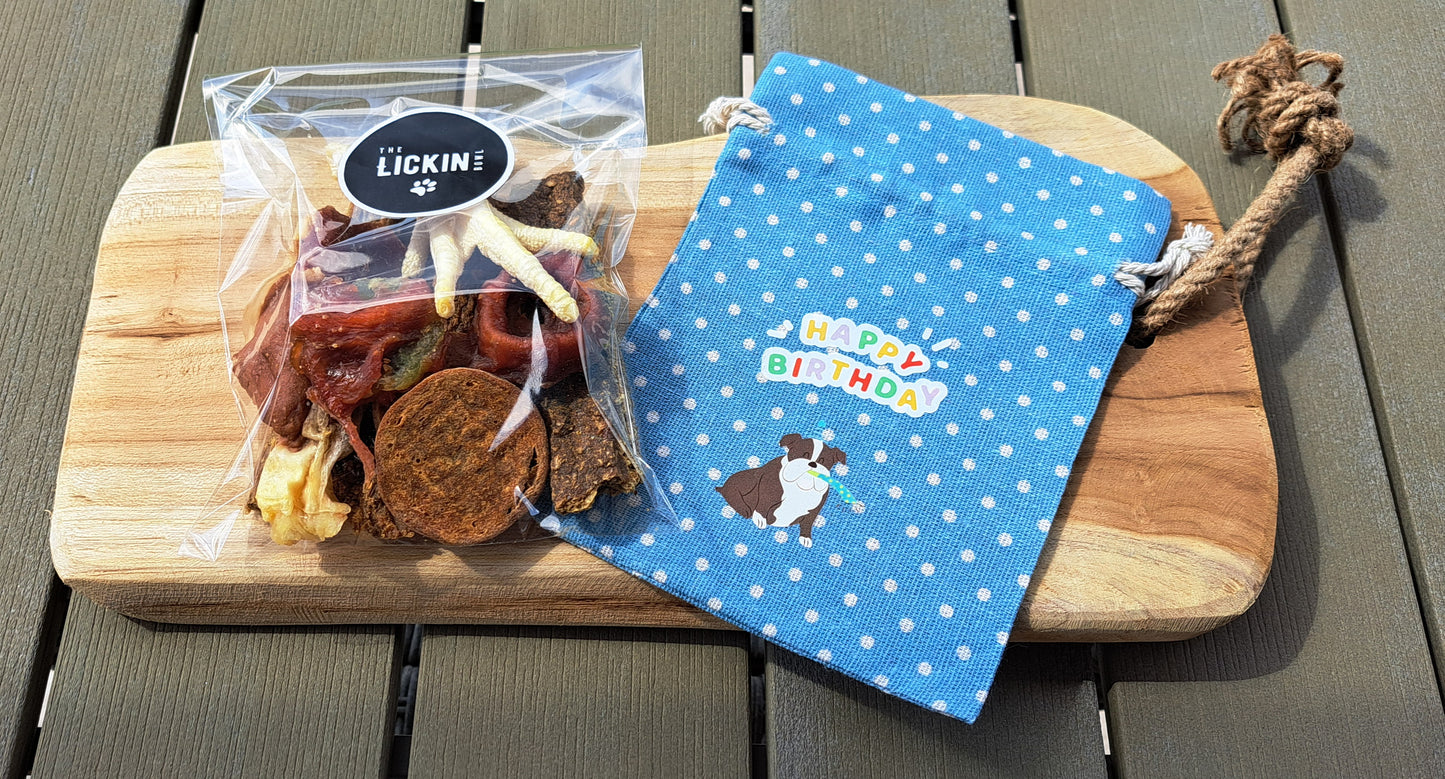 Birthday Treat Bag with a variety of treats & chews - Blue