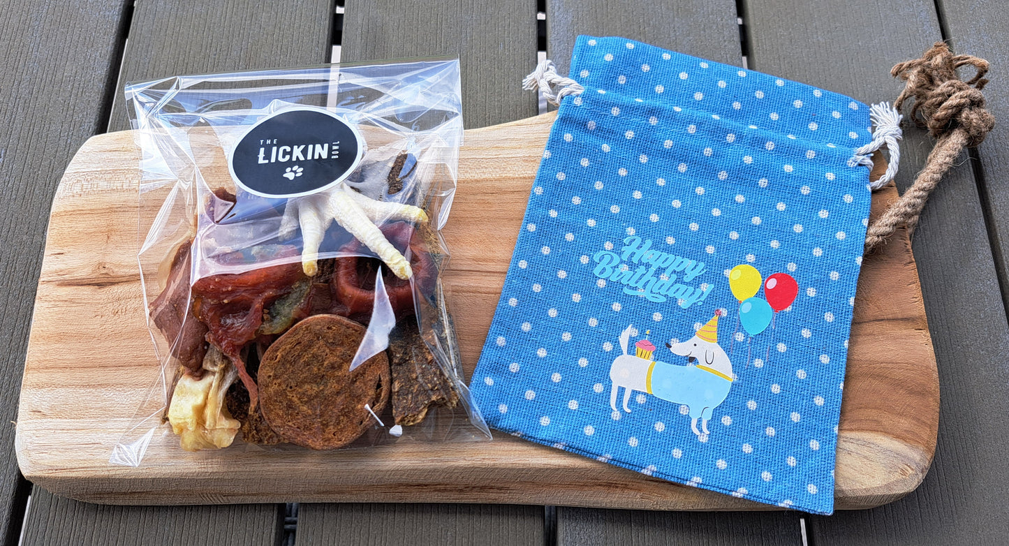 Birthday Treat Bag with a variety of treats & chews - Blue