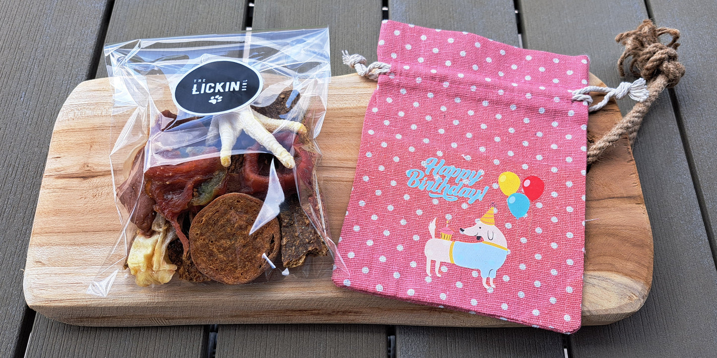 Birthday Treat Bag with a variety of treats & chews - Pink