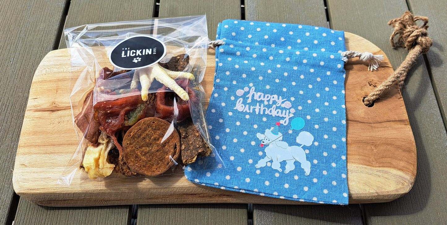 Birthday Treat Bag with a variety of treats & chews - Blue