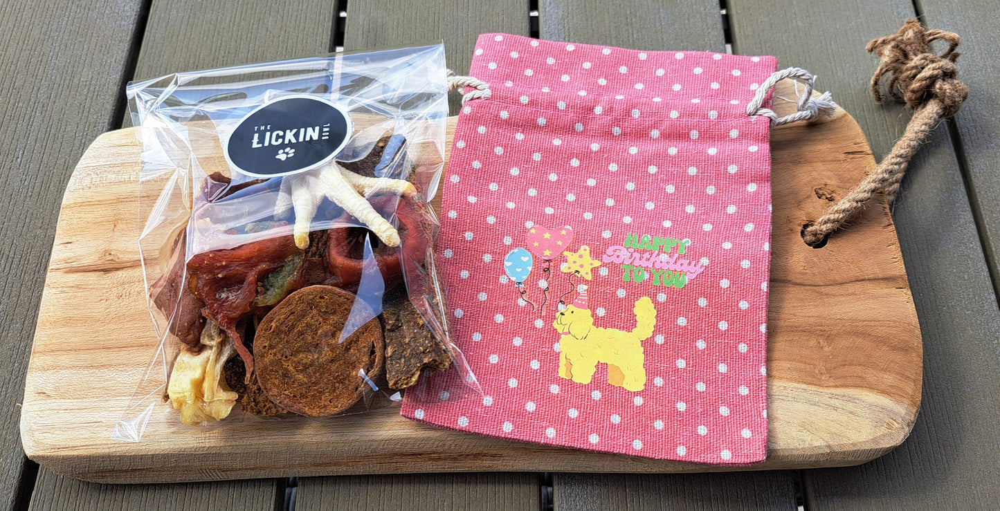Birthday Treat Bag with a variety of treats & chews - Pink